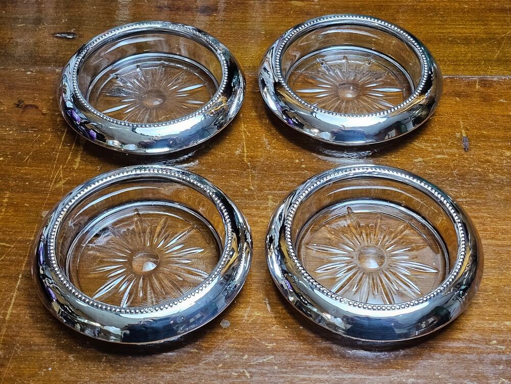 Vintage Frank M Whiting Sterling Silver Glass Coasters Set of 4 Starburst Beaded